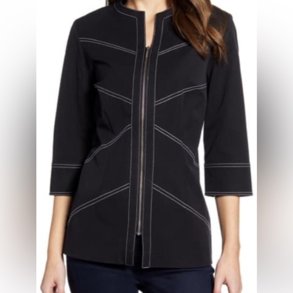 Jackets & Blazers - Ming Wang NWT Black Zip-Up Jacket with White Stitching Size L